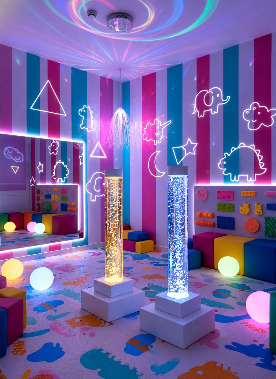 Sala com painéis neon, colunas de bolhas e piso emborrachado